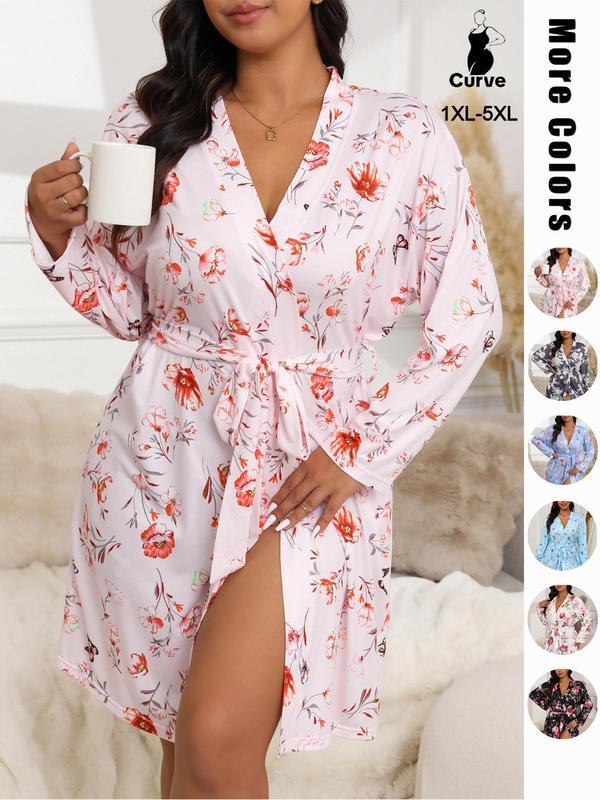 Plus Size Butterfly & Floral Print Belted Wrap Lounge Robe, Casual Long Sleeve V Neck Tie Front Pajama Robe,  Pajama Sets Women, Women's Sleepwear for All Seasons