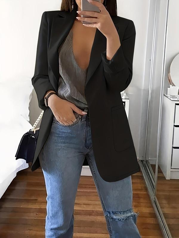 Women's Solid Lapel Neck Blazer, Elegant Fashion Long Sleeve Pocket Suit Outwear for Work Office Business, Ladies Fall & Winter Clothes, Fall Outfit