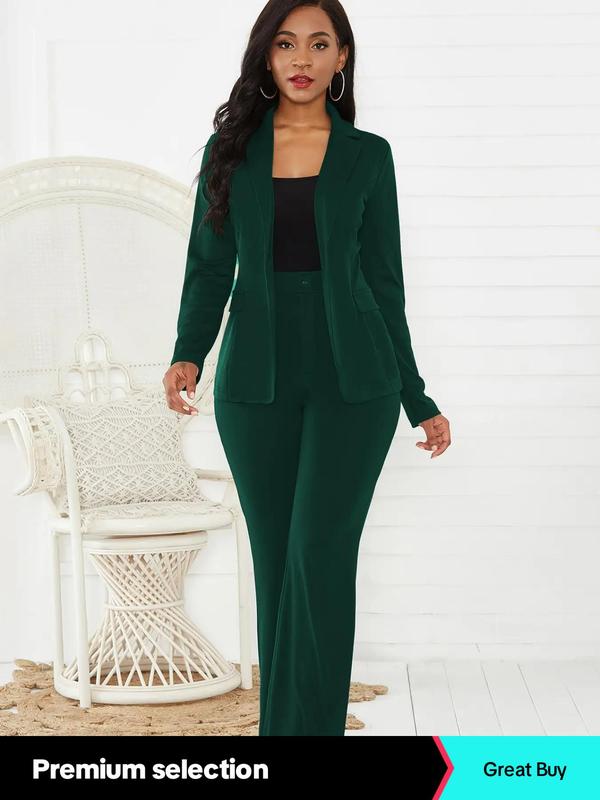 Two-piece Set Women's Plain Button Lapel Neck Blazer & Suit Pants, Fall Oufits 2024, Elegant Business Casual Flap Detail Long Sleeve Outerwear & Trousers for Daily Outdoor Wear, Women's Clothing for All Seasons Womenswear Comfort Womenswear Comfort