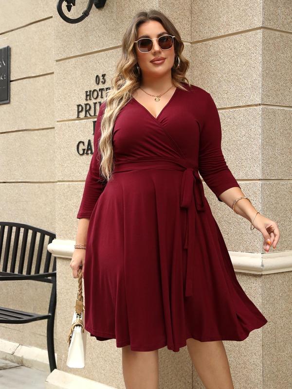  Summer 2024 Trendy Plain Wrap V Neck Belted A Line Dress, Comfort 3 4 Length Sleeve Solid Dress, Women's Clothing, Lady Summer Clothes  for Christmas