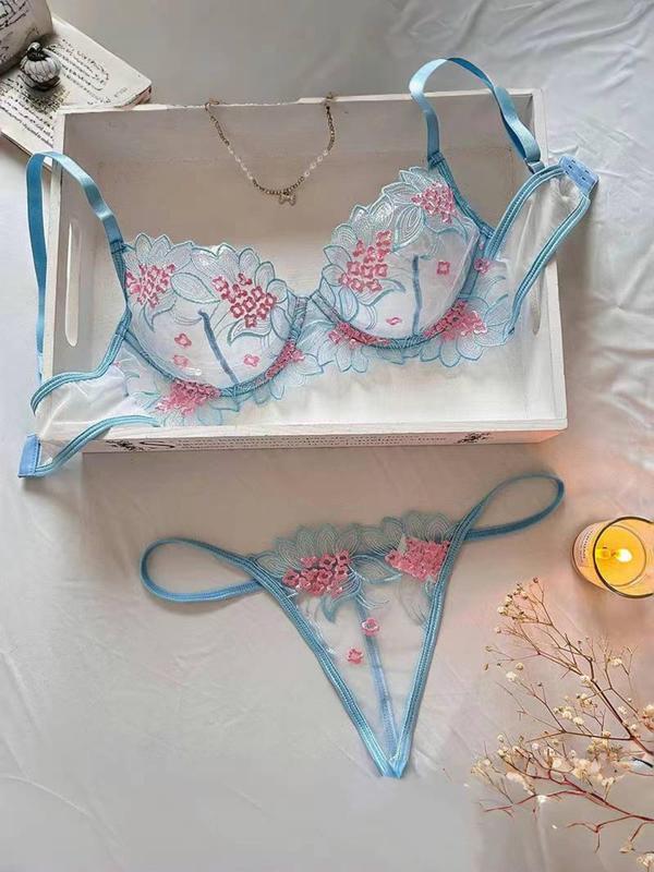 Women's Floral Embroidery Sheer Lace Bra & Thong  Sexy Lingerie Set, Adjustable Strap Push Up Bra & Panty, Lingerie Set for Women