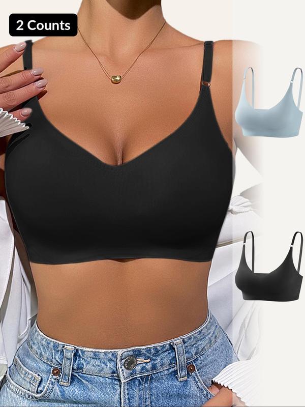 Women's Solid Wireless Adjustable Strap Seamless Bra, Soft Comfortable Breathable Backless Removable Bra Pad Lingerie Bra, Ladies Lingeries for All Seasons