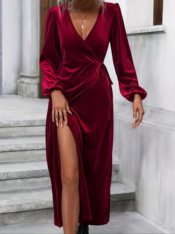 Women's Plain Wrap Deep V Neck Split Thigh Velvet Dress, Elegant Bishop Sleeve Tie Front A Line Dress for Party Holiday Wedding Guest, Ladies Spring & Fall Clothes