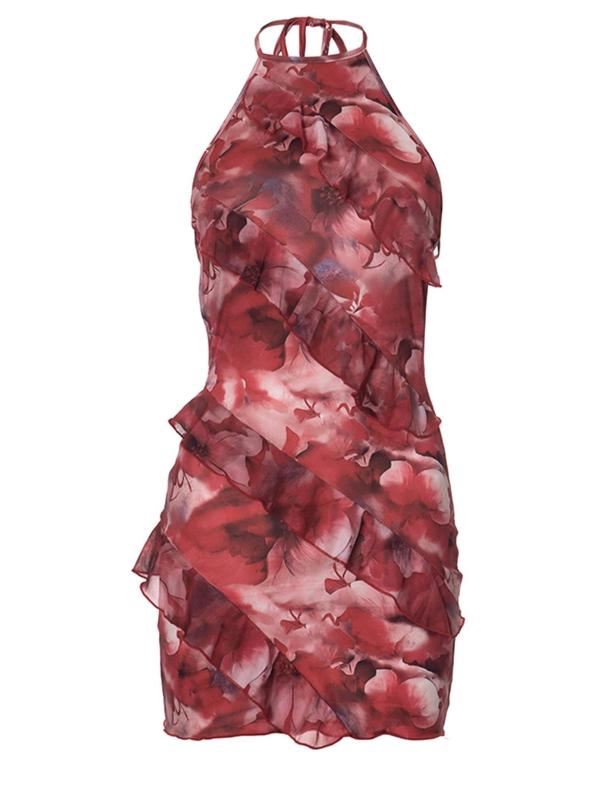 Women's Floral Print Ruffle Trim Tie Back Halter Bodycon Dress, Dresses for Women, Summer Dresses 2024, Elegant Fashion Backless Short Dress for Party Club Dating Wear, Ladies Dress for Summer