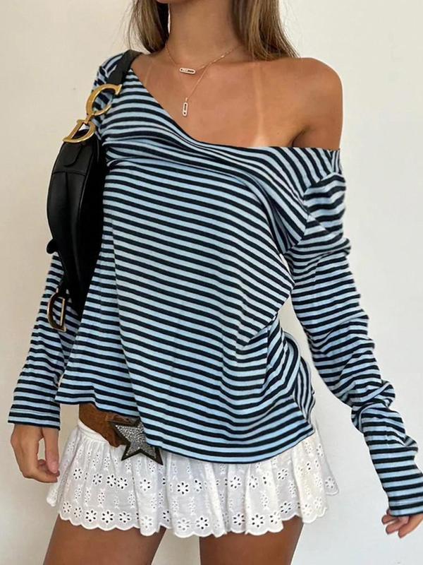 Women's Striped Print V Neck Tee, Casual Top, Long Sleeve T-shirt for Fall & Winter, Women's Clothing for Daily Wear