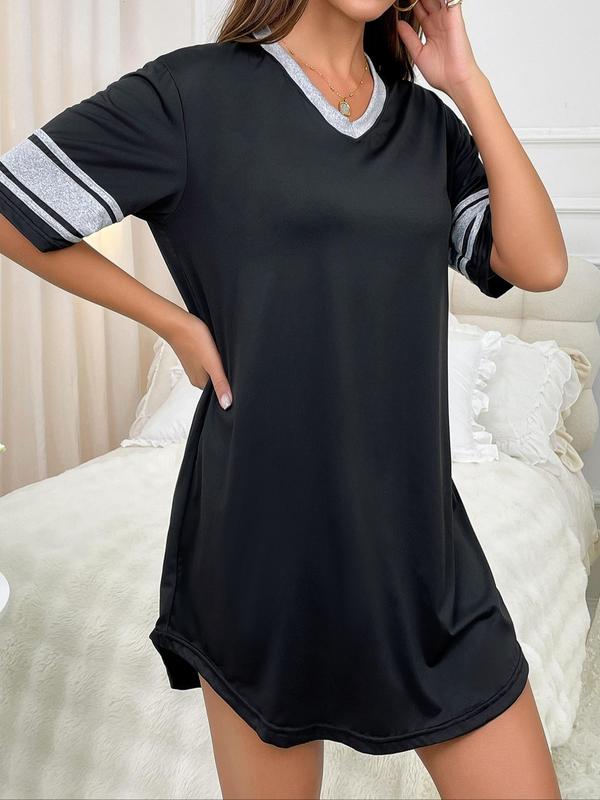 Women's Colorblock Striped Print Drop Shoulder Nightdress, Summer Clothes Women, Casual Soft Comfortable Half Sleeve V Neck Nightgown for Summer, Ladies Sleepwear for Indoor Wear