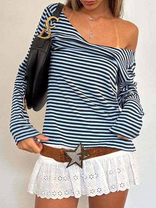 Women's Striped Print V Neck Tee, Casual Top, Long Sleeve T-shirt for Fall & Winter, Women's Clothing for Daily Wear