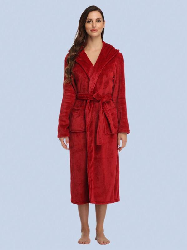 Women's Solid Drop Shoulder Belted Thermal Lined Hooded Lounge Robe, Casual Long Sleeve Pocket Design Bathrobe, Ladies Sleepwear for Fall & Winter