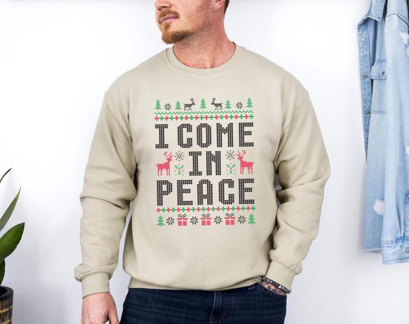 Funny Couple Ugly Christmas Sweater, I Come in Peace I'm Peace Sweater, Humorous Couples Matching Holiday Apparel Holiday Party Adult Humor