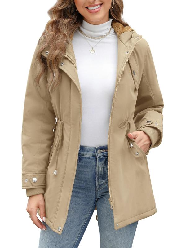 Women's Solid Color Button Front Pocket Zipper Hooded Coat, Casual Long Sleeve Waterproof Coat for Fall & Winter, Women's Outwear Clothing for Daily