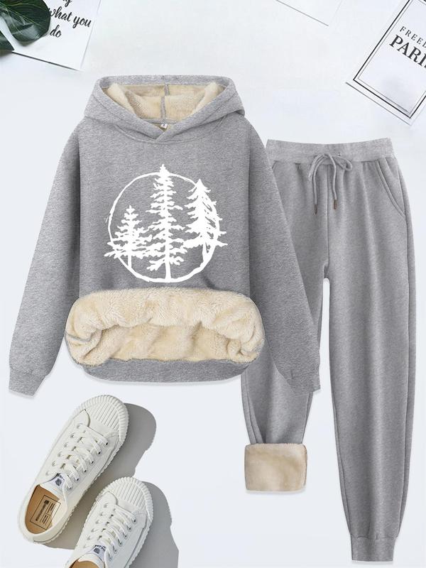 Women's Tree Print Hoodie & Drawstring Waist Pocket Sweatpants Two-piece Set, Casual Plush Lined Long Sleeve Hooded Sweatshirt & Jogger Pants for Fall & Winter, Women's Clothes for Daily Wear, Sweatshirts