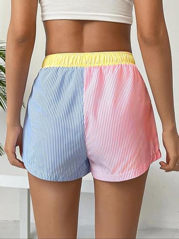 Women's Patchwork & Striped Print Elastic Waist Shorts, Casual Letter Patched Shorts, Shorts for Women, Comfy Shorts, Women's Bottoms for Daily Wear, Going Out Bottoms