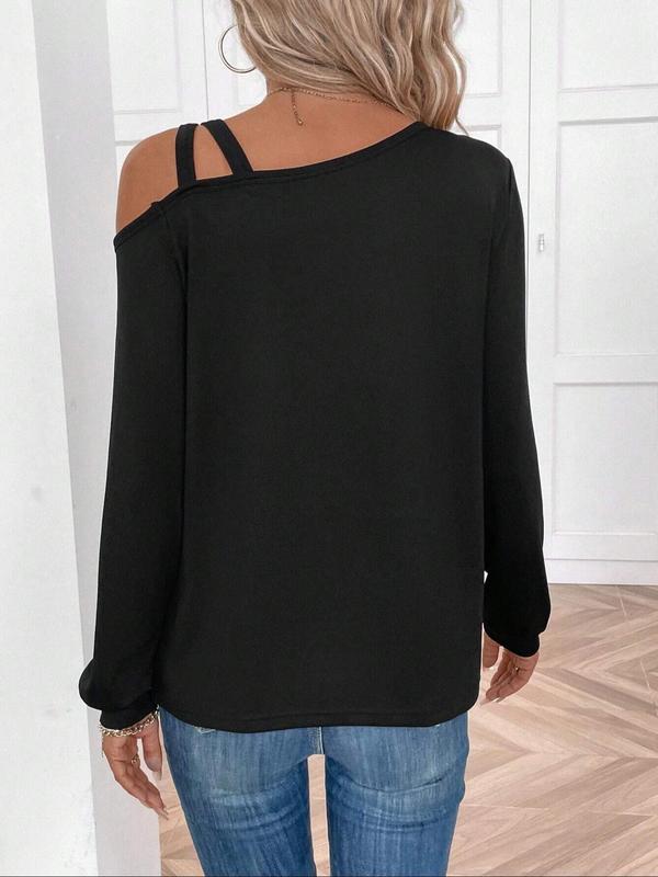 Women's Plain Criss Cross Asymmetrical Neck Tee, Elegant Casual Long Sleeve T-shirt for Spring & Fall, Women's Top for Daily Wear