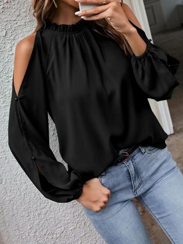 Women's Minimalist Plain Cut out Bishop Sleeve Frill Blouse, Solid Cold Shoulder Longsleeves Top, Casual Long Sleeve Top for Spring & Fall, Comfort Basic Womenswear for Lady