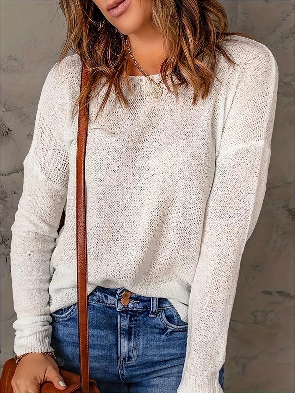 Women's 2024 Fall Plain Drop Shoulder Sweater, Trendy Casual Long Sleeve Round Neck Knitwear Top for Fall, Sweaters for Women, Tops for Women, Please Purchase A Size Up