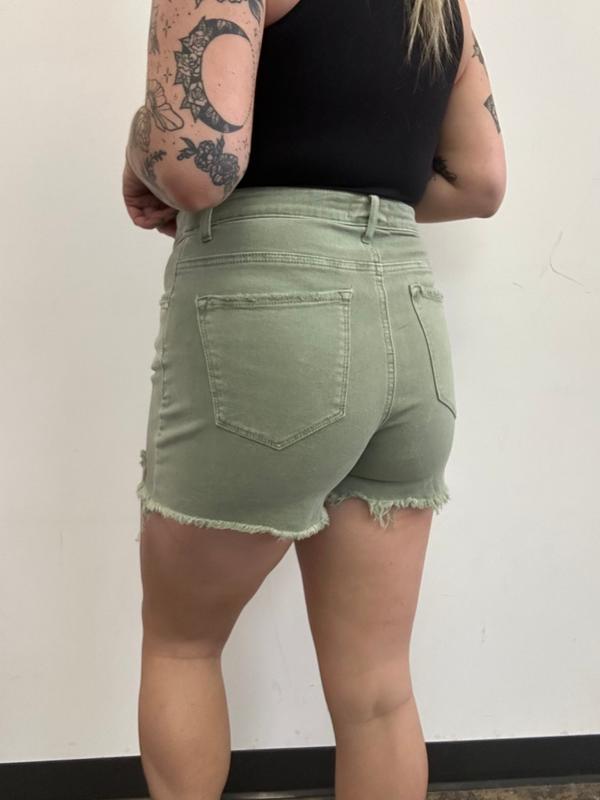 Fold Over Distressed Denim Shorts- Olive Green