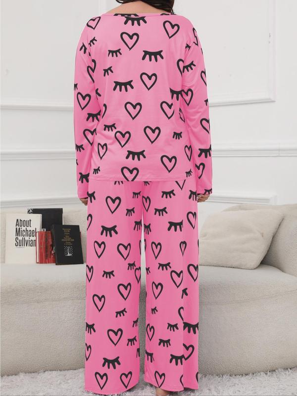 Two-piece Set Plus Size Heart Print Pajama Set Women, Round Neck Long Sleeve Tee & Elastic Waist Pants Lounge Set, Comfortable Loungewear, Pj Sets for Women, Soft Homewear for Spring & Fall