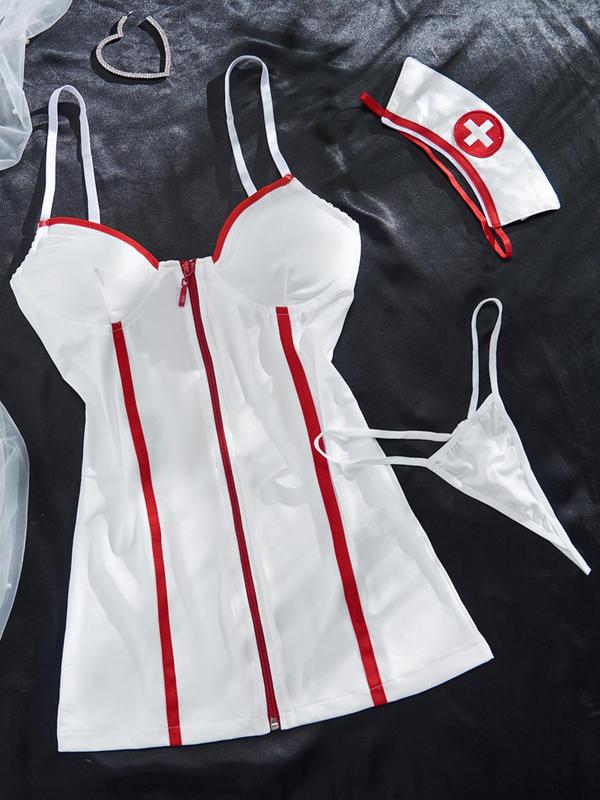 Women's Sexy Contrast Binding Nurse Costume Set, Zip Front Push Up Cami Nightdress & Thong & Hair Band, Cosplay Role Play Lingerie Set