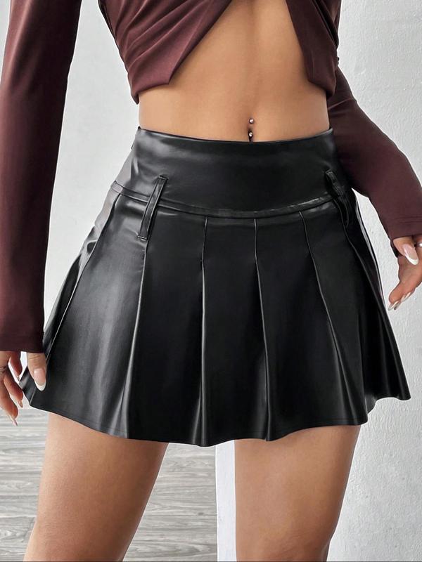 Women's Solid Color Pleated Skirt, Elegant Fashion PU Leather Skirt for Daily Outdoor Wear, Women Clothing for Fall & Winter