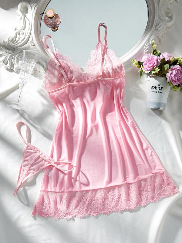 Women's 2pcs Bow Decor Contrast Lace Cami Nightdress & Thong Set, Adjustable Strap Nighty Dress & Thong, Ladies Two-Piece Sleepwear Wear For All Seasons