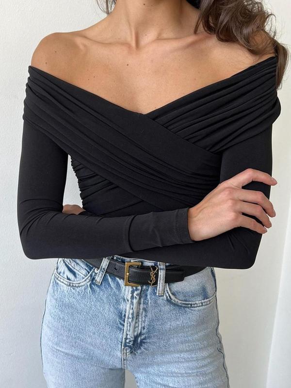 Women's Plain Wrapped Ruched Off Shoulder V Neck Tee, Elegant Casual Long Sleeve T-shirt for Spring & Fall, Women's Top for Dating Daily Wear