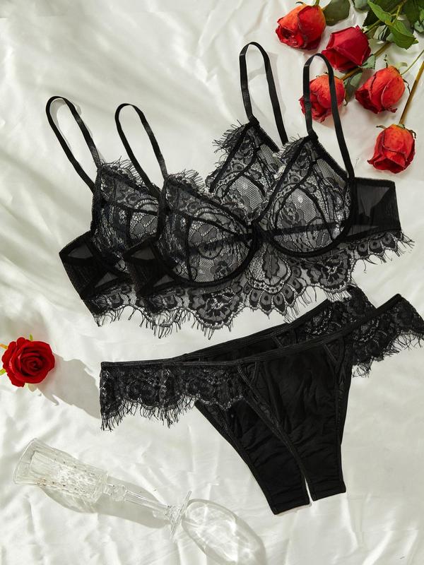  Contrast Lace Bra & High Cut Panty, Soft Comfortable Breathable Lingerie Set for Daily Wear, Women's Underwear Set for All Seasons