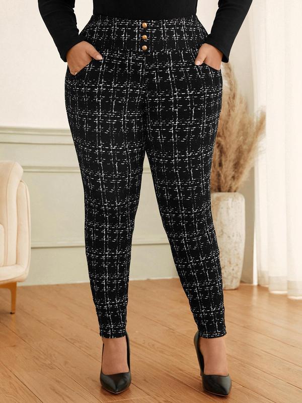 CURVZY Plus Size Plaid Print High Waist Skinny Pants, Casual Comfy Button Pocket Trousers for Daily Wear, Women's Bottoms for All Seasons