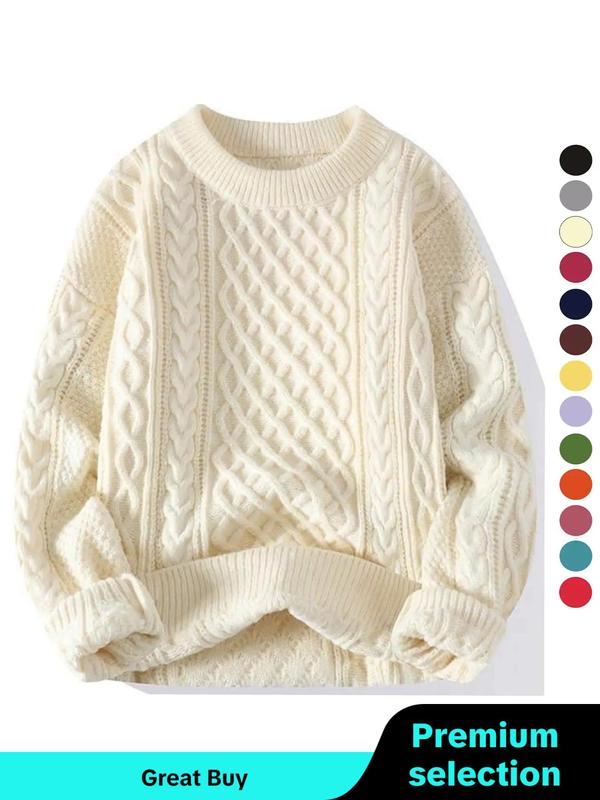 Women's Solid Textured Cable Knit Sweater, Casual Drop Shoulder Long Sleeve Round Neck Jumper for Fall & Winter, Ladies' Knitwear for Daily Wear, Fall Clothing, Preppy 80s Clothes