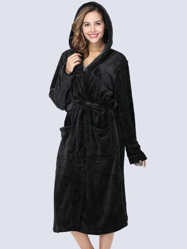 Women's Solid Drop Shoulder Belted Thermal Lined Hooded Lounge Robe, Casual Long Sleeve Pocket Design Bathrobe, Ladies Sleepwear for Fall & Winter