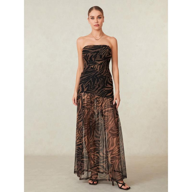 Women’s Tube Top Dress Slim Strapless Backless Mesh Patchwork Tropical Leopard Print High Slit Long Dress for Party Club Night