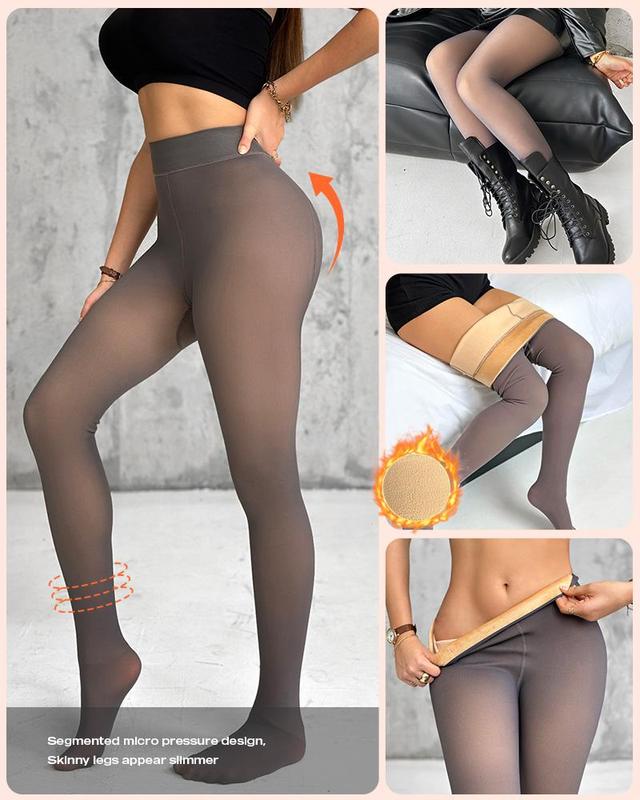 ChicMe 2-Piece High Waist Fleece Lined Tights Fake Translucent Thermal Pantyhose Leggings sheer tights