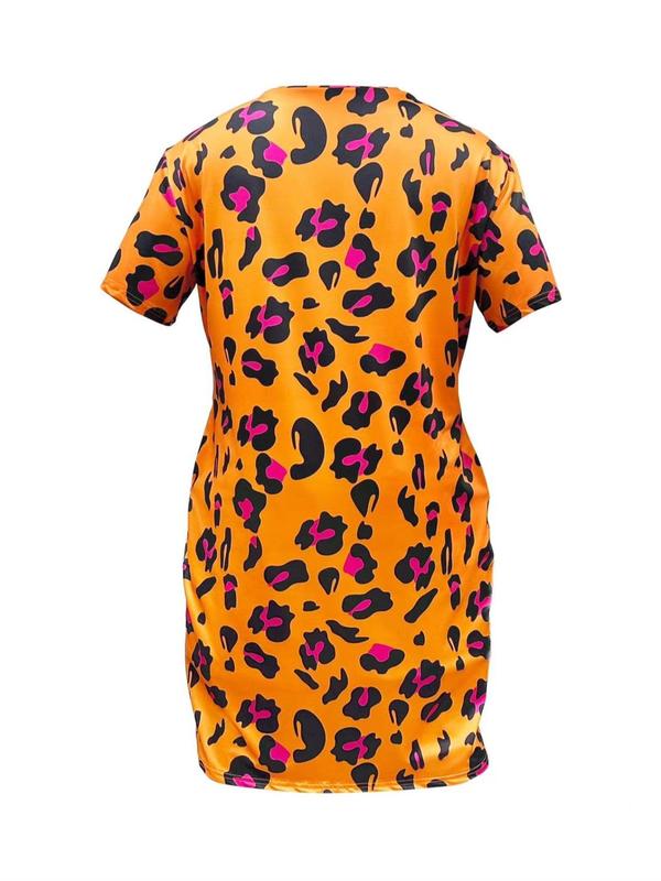 Plus Size Leopard Print Drop Shoulder Shortsleeve Pocket Loungewear Nightdress, Lady Casual Soft Comfortable Short Sleeve V Neck Nightgown for Women Homewear, Women's Sleepwear for All Seasons, Womenswear