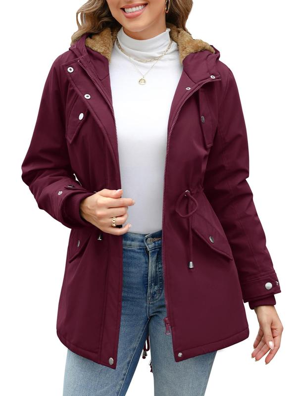 Women's Solid Color Button Front Pocket Zipper Hooded Coat, Casual Long Sleeve Waterproof Coat for Fall & Winter, Women's Outwear Clothing for Daily