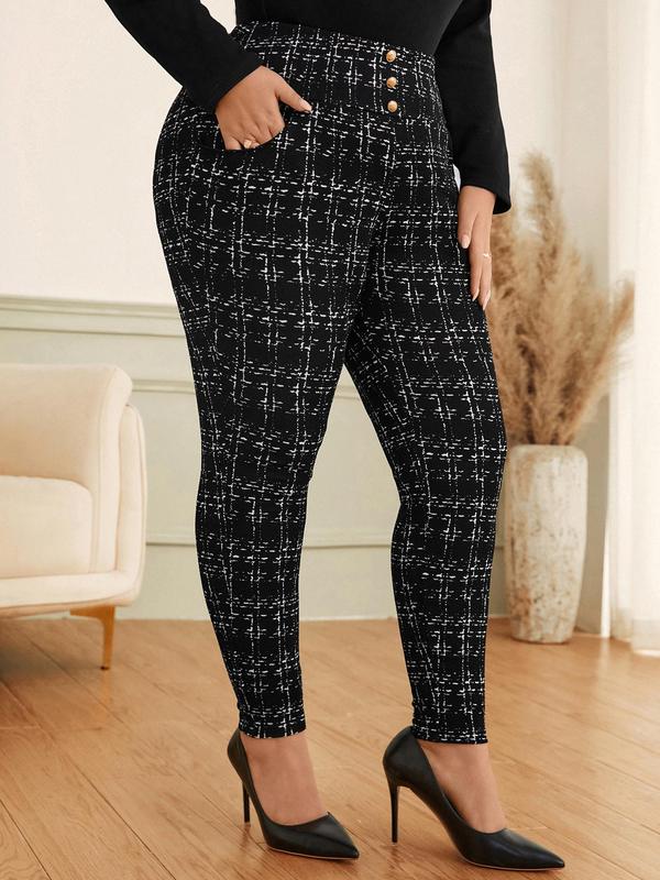 CURVZY Plus Size Plaid Print High Waist Skinny Pants, Casual Comfy Button Pocket Trousers for Daily Wear, Women's Bottoms for All Seasons