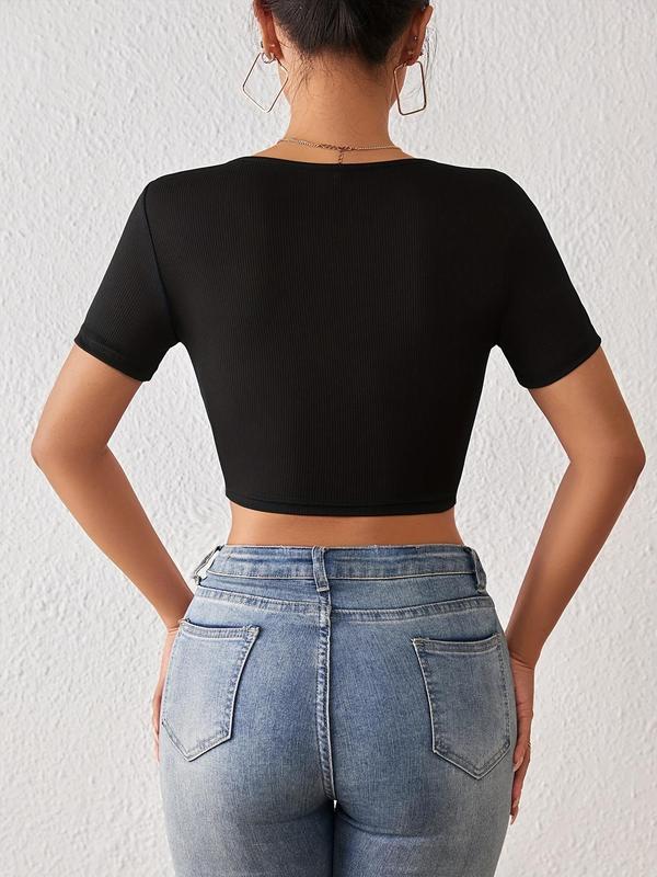 Women's Casual Minimalist Solid Square Neck Short Sleeve Ribbed Skinny Crop Tee, Summer Clothes Women, Lady Basic Trendy Slim-fit Shortsleeve T-shirt Crop Tops