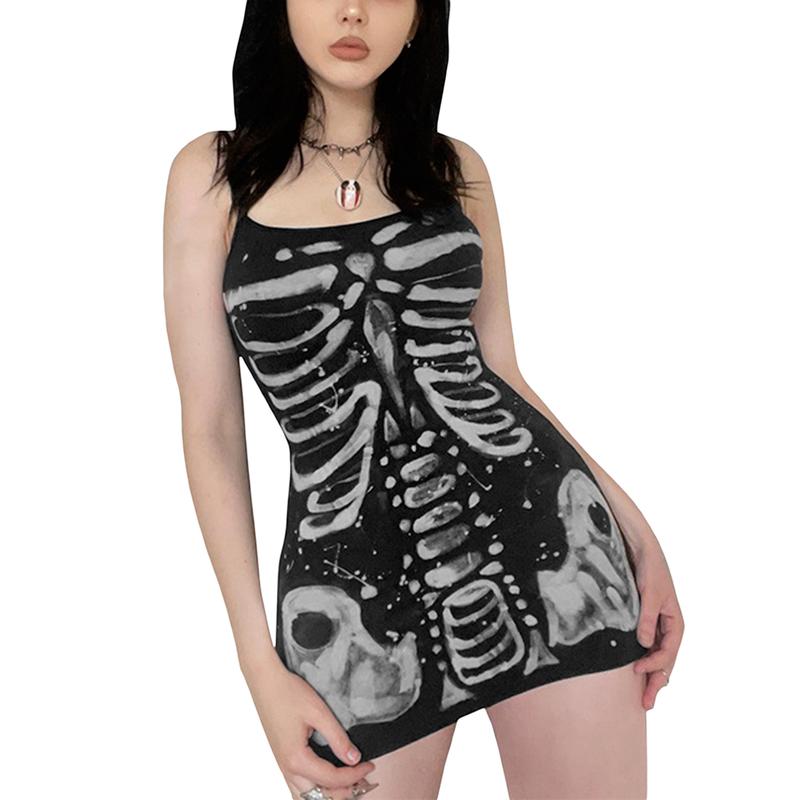 Women Halloween Gothic Bodycon Dress Vintage Spaghetti Strap Sleeveless Skeleton Print Punk Cosplay Dress Goth Grunge Streetwear