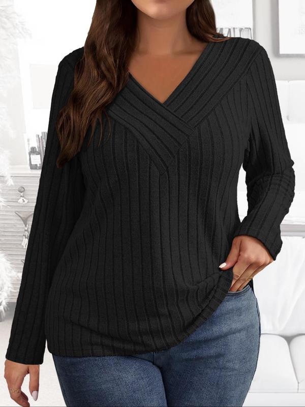  Solid V Neck Ribbed Tee, T Shirts for Women, Casual Long Sleeve T-shirt for Fall & Winter, Women's Clothing for Daily Wear