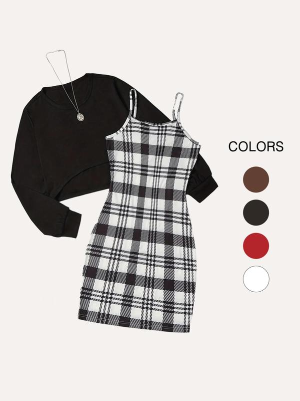 Two-Piece Set Women's Slim Fit Long Sleeve Cropped Top Sweatshirt & Plaid Cami Dress Matching Set without Necklace, Fall Outfits 2024, Fall Clothing Women, Back To School Clothes, Trendy Casual for Outdoor Streetwear School, Please Purchase A Size Up