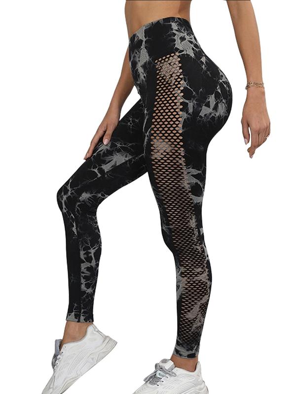 Women's Tie Dye Print Contrast Mesh Shapewear Leggings, Casual Comfy Breathable Seamless Skinny Pants for Daily Wear, Ladies Shapewear Bottoms for All Seasons