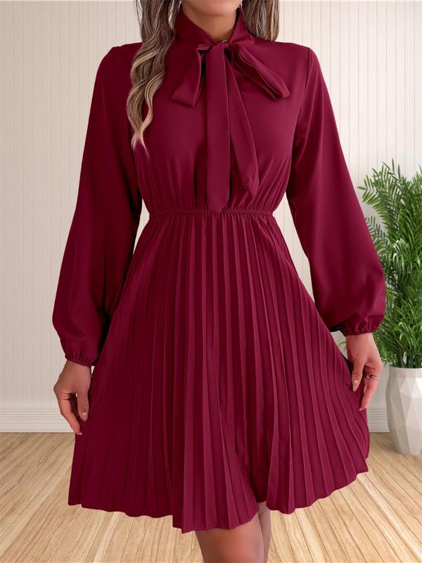 Women's Plain Knot Front Pleated A Line Dress, Elegant Bishop Sleeve Tie Neck Short Dress for Fall & Winter, Women's Clothing for Daily Wear