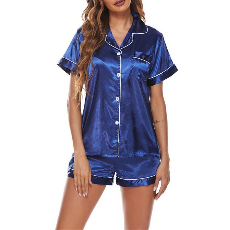 Women Silk Satin Pajamas Set Loungewear Button-Down Pj Sets Comfortable Pajama Set