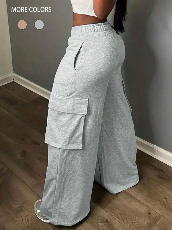 Women's Plain Pocket Elastic Waist Wide Leg Pants, Casual Comfy Trousers for Spring & Fall, Women's Bottoms for Daily Wear