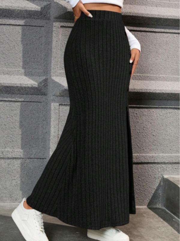 Women's Plain Button Split Thigh Ribbed Skirt, Elegant High Waist Long Skirt For Spring & Fall, Ladies' Bottoms For Daily Wear