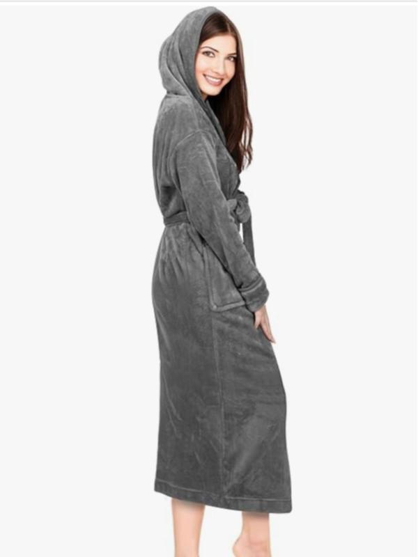 Women's Solid Drop Shoulder Belted Thermal Lined Hooded Lounge Robe, Casual Long Sleeve Pocket Design Bathrobe, Ladies Sleepwear for Fall & Winter