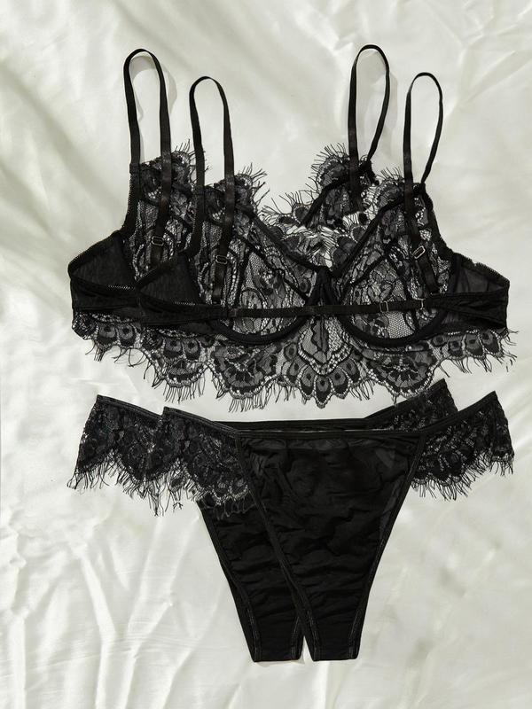  Contrast Lace Bra & High Cut Panty, Soft Comfortable Breathable Lingerie Set for Daily Wear, Women's Underwear Set for All Seasons