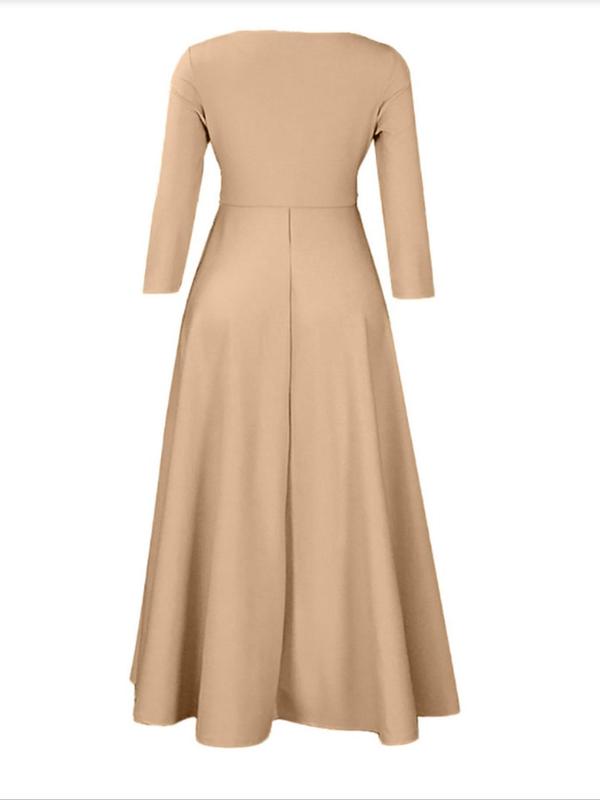  Solid Color Tie Front Boat Neck A Line Dress, Elegant 3 4 Sleeve High Waist Dress for Party Holiday Wedding Guest, Women's Clothes for Fall & Winter