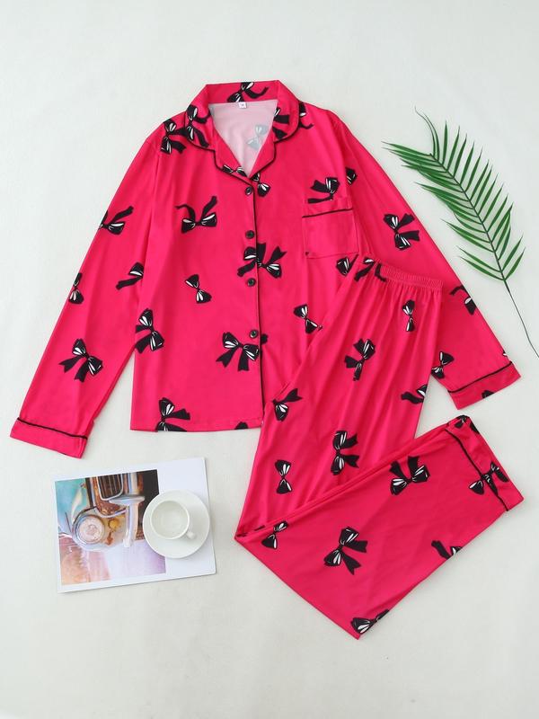 Two-Piece Set Women's All Over Bow Print Lapel Neck Pocket Shirt & Pants Pyjama, Casual Comfy Long Sleeve Top & Trousers PJ Set, Women's Sleepwear for Spring & Fall