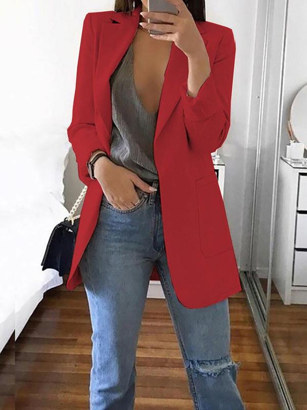 Women's Solid Lapel Neck Blazer, Elegant Fashion Long Sleeve Pocket Suit Outwear for Work Office Business, Ladies Fall & Winter Clothes, Fall Outfit