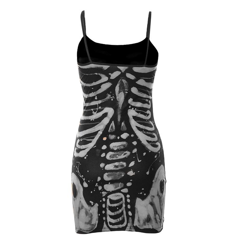 Women Halloween Gothic Bodycon Dress Vintage Spaghetti Strap Sleeveless Skeleton Print Punk Cosplay Dress Goth Grunge Streetwear