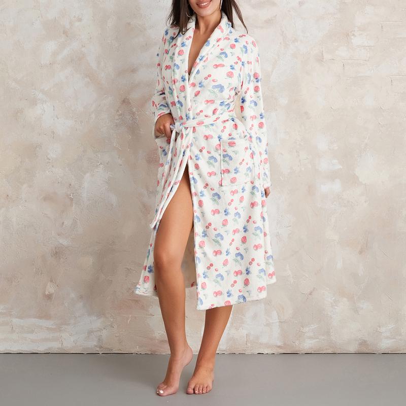 Ladies' warm bathrobe for Fall & Winter，Women Dressing Gown Flannel Robe,Floral Print Shawl Collar Bathrobe for Hotel Spa Party Kimono Robe with Belt，Comfort Casual